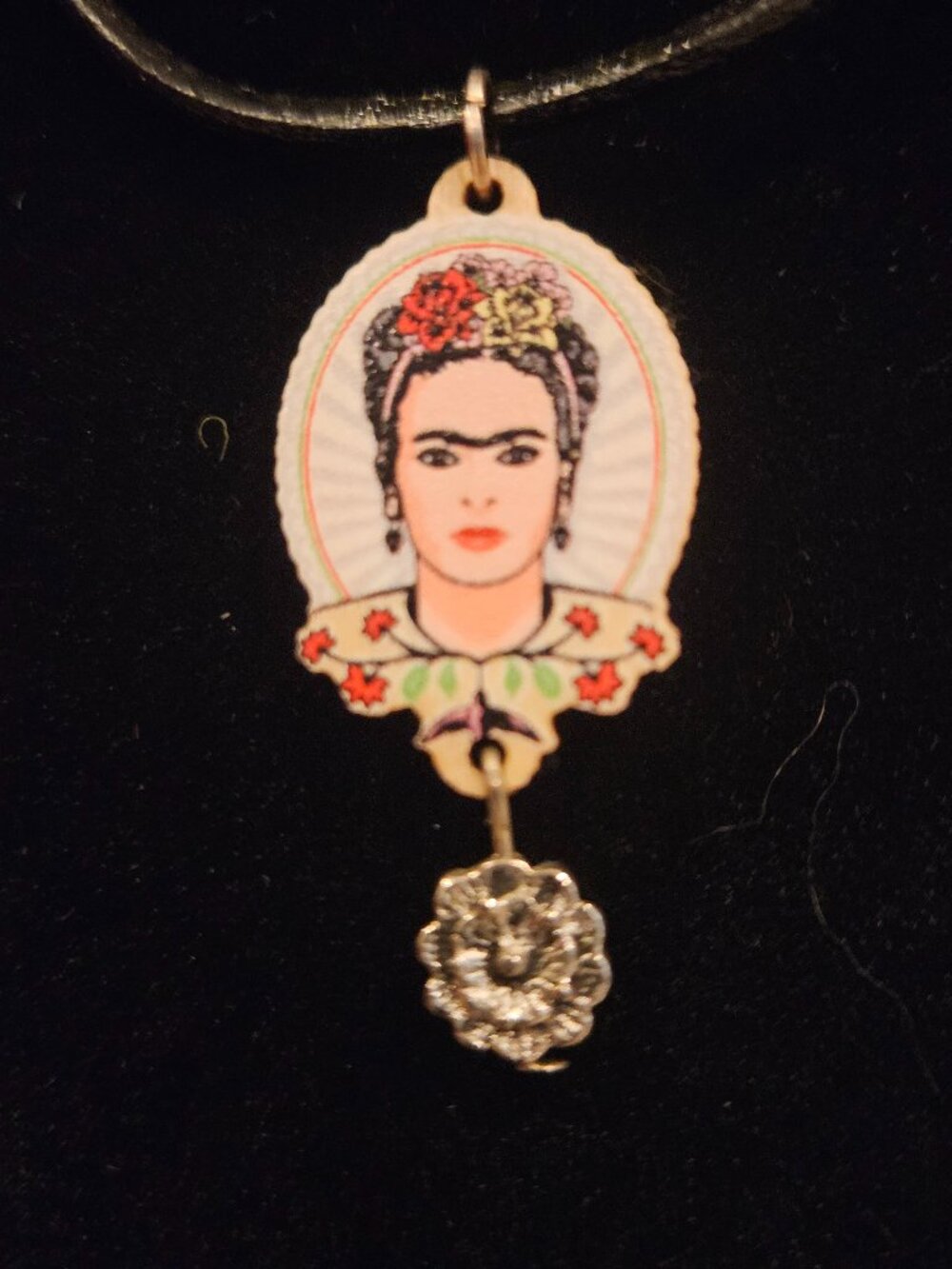 Frida Kahlo Pendant 18 In Black Cord Necklace Lobster Clasp Closure
